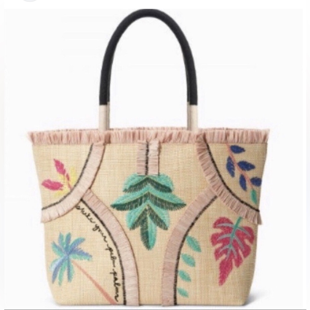 Stella & Dot Natural Straw Tote with Multicolor Tropical Embroidery